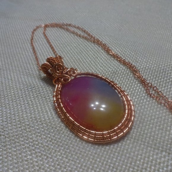 Whimsical "RAINBOW SOLAR AGATE" Handmade COPPER WIRE-WRAPPED Necklace #126B - Picture 1 of 3